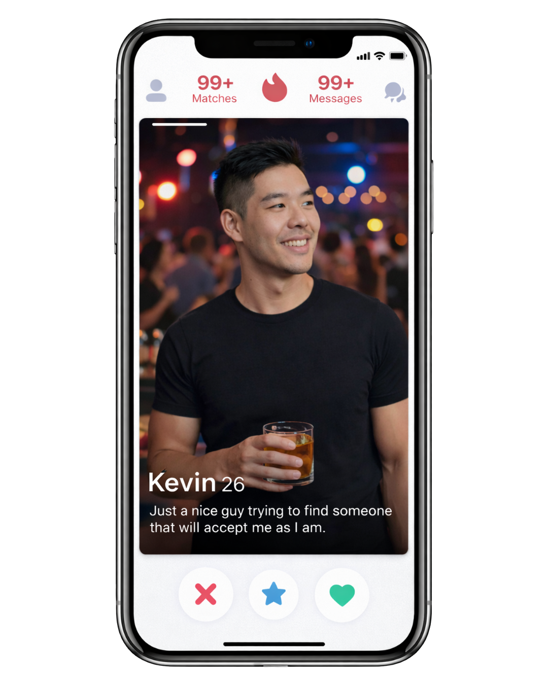 Tinder profile — 99+ matches, 99+ messages