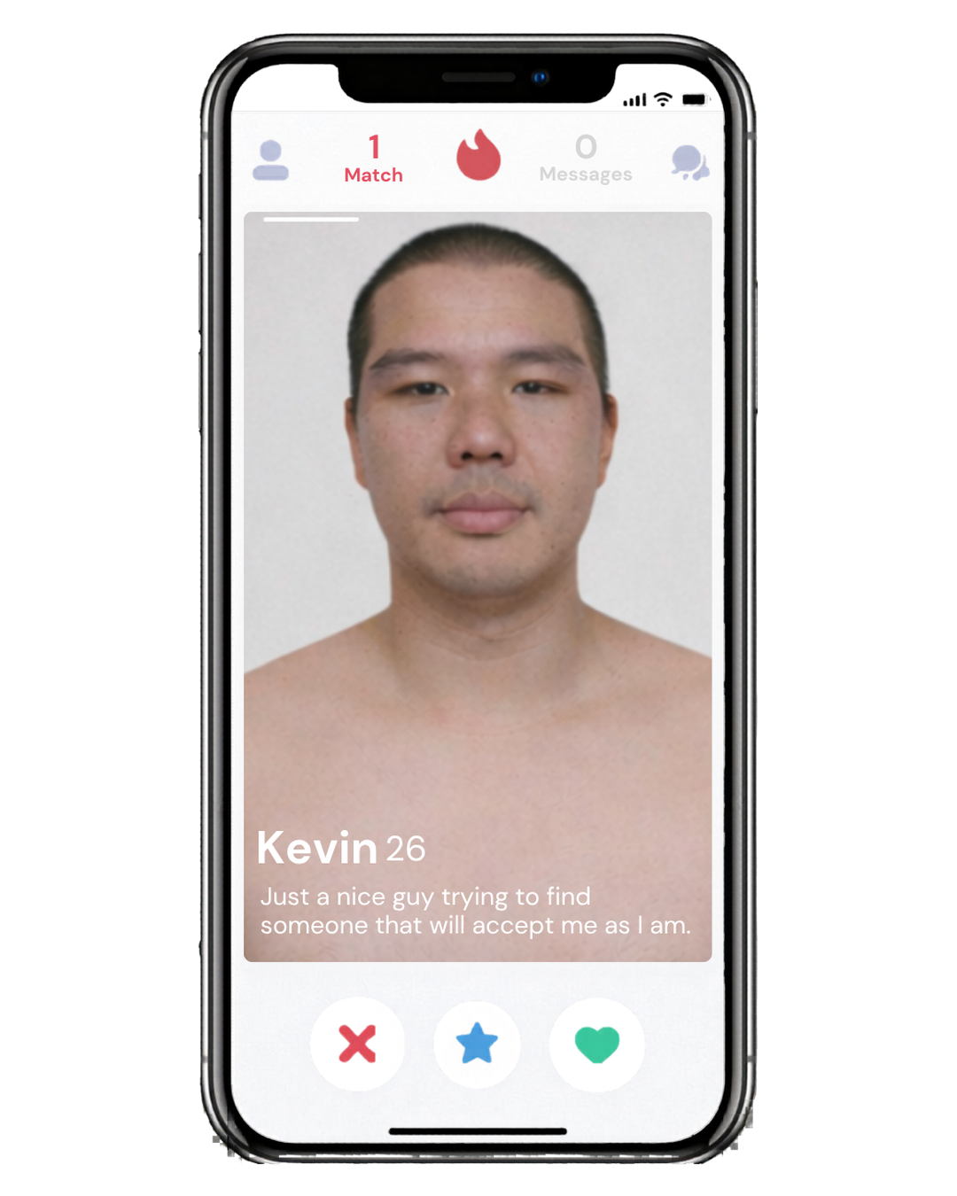 Tinder profile — 1 match, 0 messages